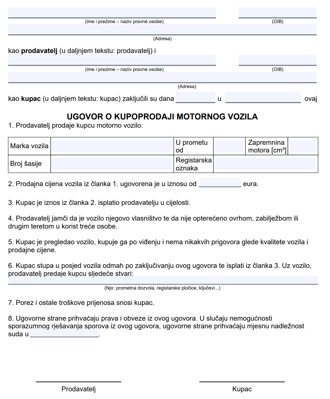 Kupoprodajni ugovor za auto za 2023. godinu